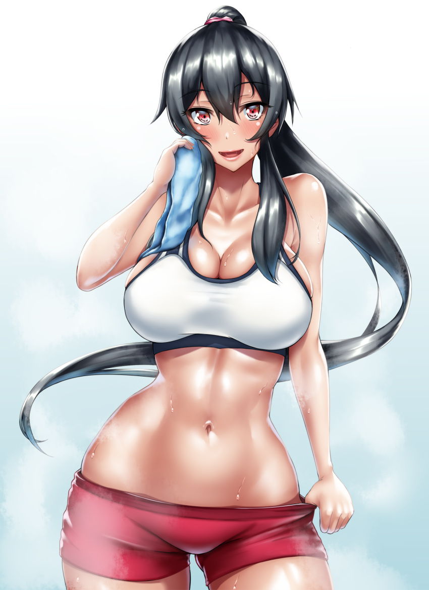 1girl :d bare_shoulders black_hair blush breasts cleavage highres kantai_collection long_hair looking_at_viewer midriff navel open_mouth ponytail red_eyes simple_background sleeveless smile solo steam sweat tama_(tamakaka1031) towel very_long_hair white_background wiping_sweat yahagi_(kantai_collection)