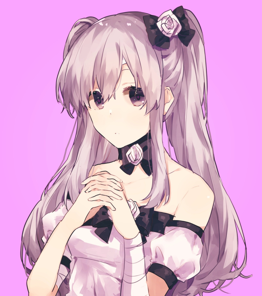 1girl black_bow bow detached_collar dress flower gocoli grey_hair hair_bow hair_flower hair_ornament hands_up highres idolmaster idolmaster_shiny_colors interlocked_fingers long_hair parted_lips pink_background puffy_short_sleeves puffy_sleeves short_sleeves simple_background solo twintails upper_body violet_eyes white_dress yuukoku_kiriko