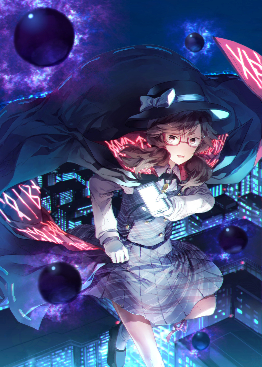 1girl brown_eyes brown_hair building cape cellphone city city_lights fedora flying glasses gloves hat highres looking_at_viewer night no_nose occult_ball phone pleated_skirt red-framed_eyewear runes school_uniform short_hair short_twintails skirt smartphone smile solo sunakumo touhou twintails usami_sumireko