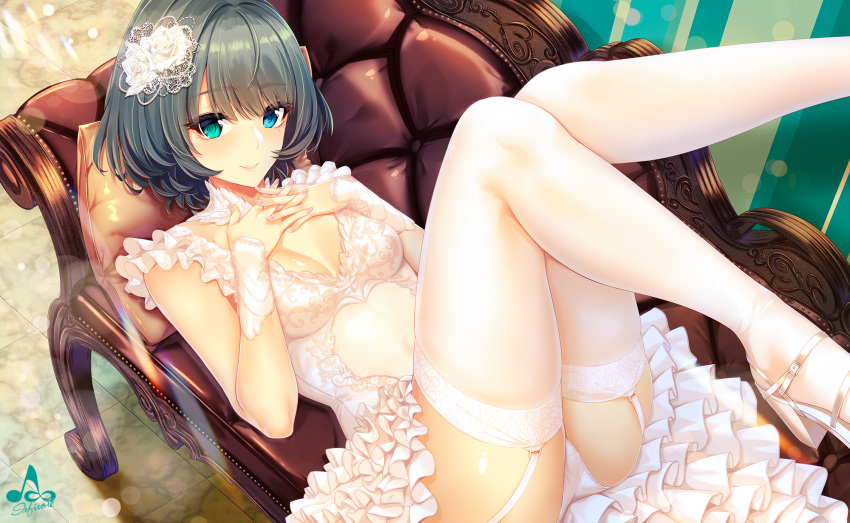 1girl blue_eyes blush breasts cleavage closed_mouth couch detached_collar dress eyebrows_visible_through_hair flower frilled_dress frills garter_straps green_eyes green_hair hair_flower hair_ornament heterochromia high_heels highres idolmaster idolmaster_cinderella_girls infinote interlocked_fingers legs_up lips looking_at_viewer lying medium_breasts mole mole_under_eye nail_polish on_back panties pink_nails rose short_hair smile solo takagaki_kaede thigh-highs underwear white_dress white_flower white_footwear white_panties white_rose