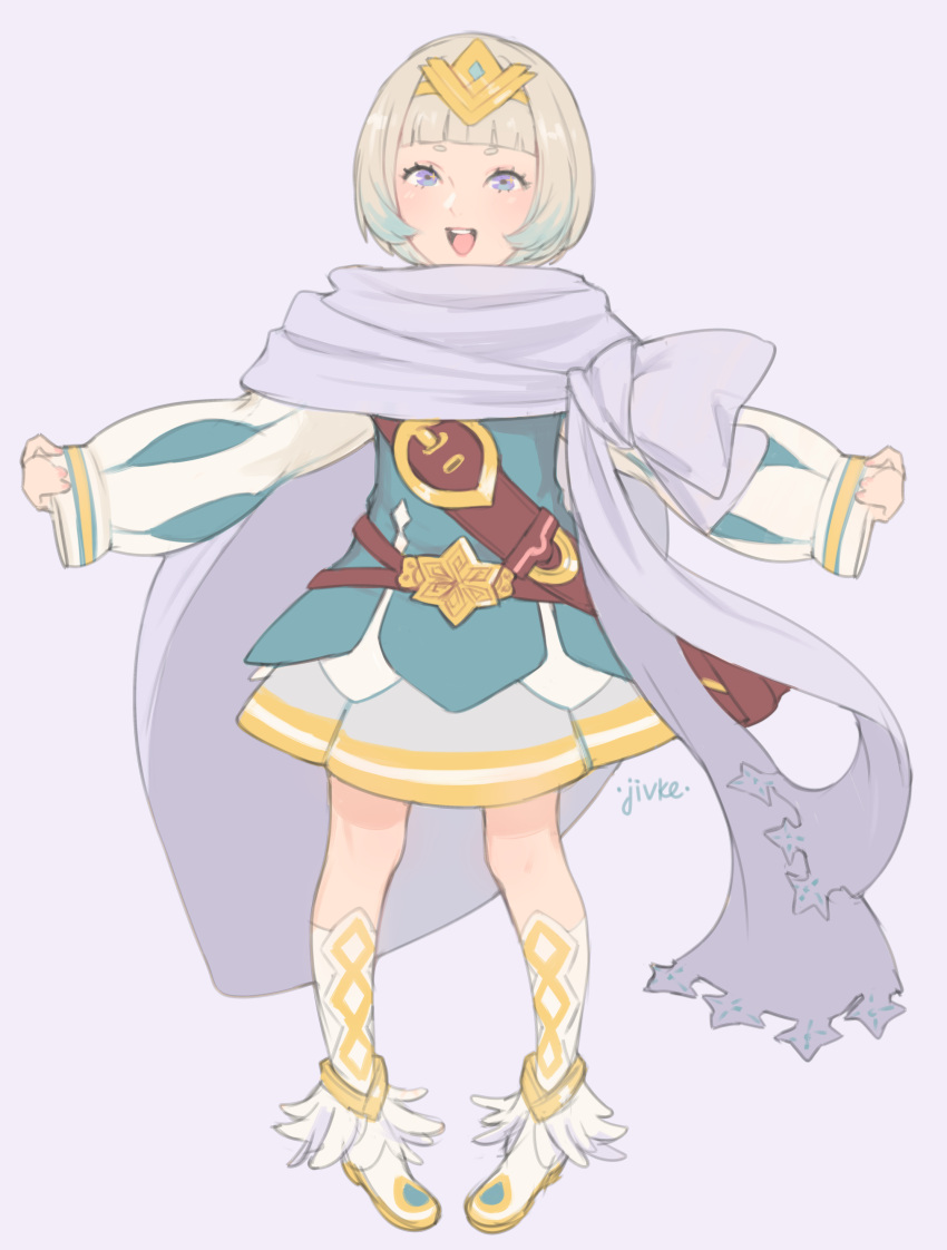 1girl absurdres bag bangs belt blue_hair blush boots detached_sleeves dress feather_trim fire_emblem fire_emblem_heroes full_body gradient gradient_hair highres jewelry jivke looking_at_viewer multicolored_hair open_mouth short_hair smile tiara white_hair ylgr_(fire_emblem_heroes)