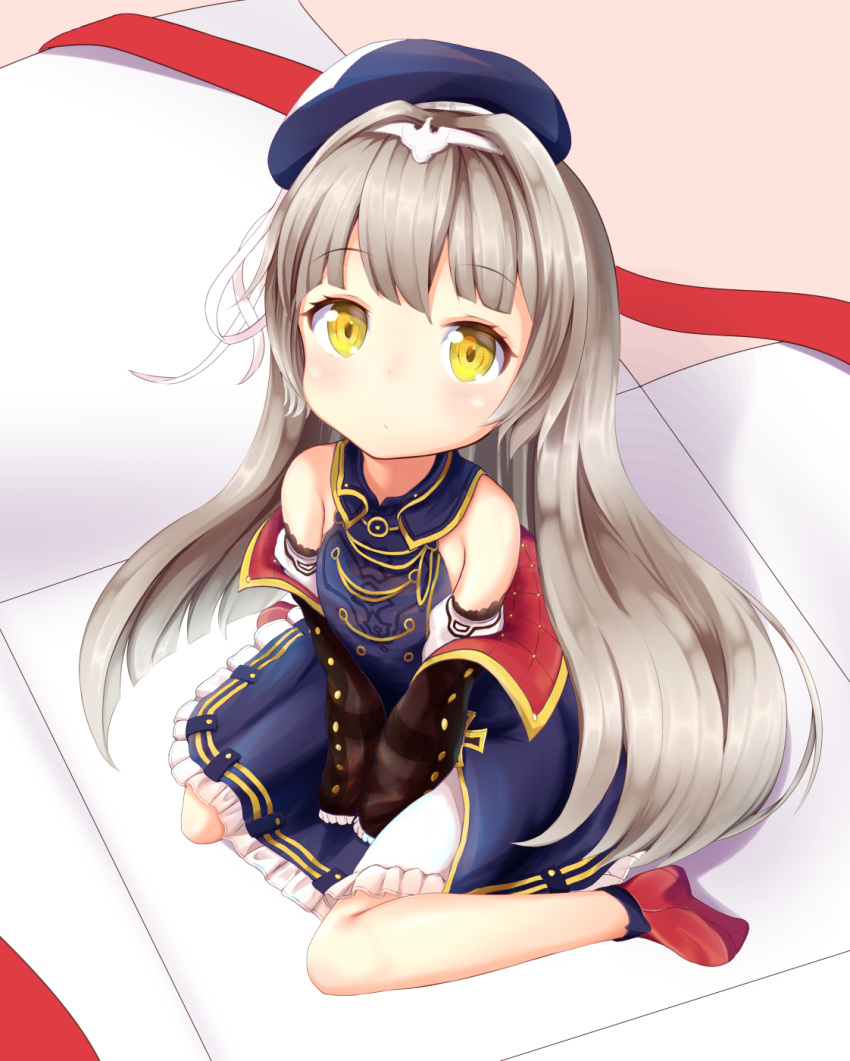 1girl azur_lane bare_shoulders beret between_legs blue_dress blue_hat blue_jacket blush breasts closed_mouth commentary_request dress gloves hair_ornament hand_between_legs hat highres jacket light_brown_hair long_hair long_sleeves looking_at_viewer nishie off_shoulder puffy_long_sleeves puffy_sleeves red_footwear red_ribbon ribbon sitting sleeveless sleeveless_dress sleeves_past_wrists small_breasts solo very_long_hair wariza white_gloves white_ribbon yellow_eyes z46_(azur_lane)