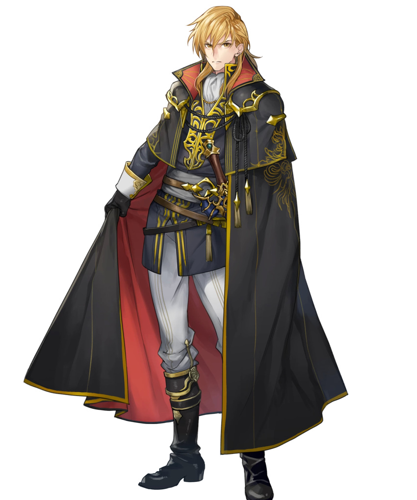 1boy aless_(fire_emblem) black_cape black_capelet black_coat black_footwear blonde_hair boots cape capelet coat collar cravat fire_emblem fire_emblem:_seisen_no_keifu fire_emblem_heroes highres holding_cape lips looking_at_viewer male_focus medium_hair mystletainn official_art p-nekor pants scowl serious sheath sheathed shoulder_pads sidelocks solo standing sword weapon white_pants yellow_eyes