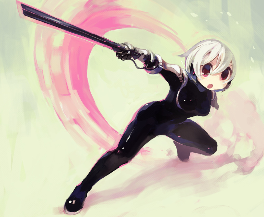 1girl action black_bodysuit bodysuit breasts commentary_request full_body gauntlets hair_between_eyes holding holding_sword holding_weapon latex medium_breasts no_nose open_mouth original red_eyes sakamoto_ahiru shiny shiny_clothes short_hair skin_tight solo spaulders sword weapon white_hair