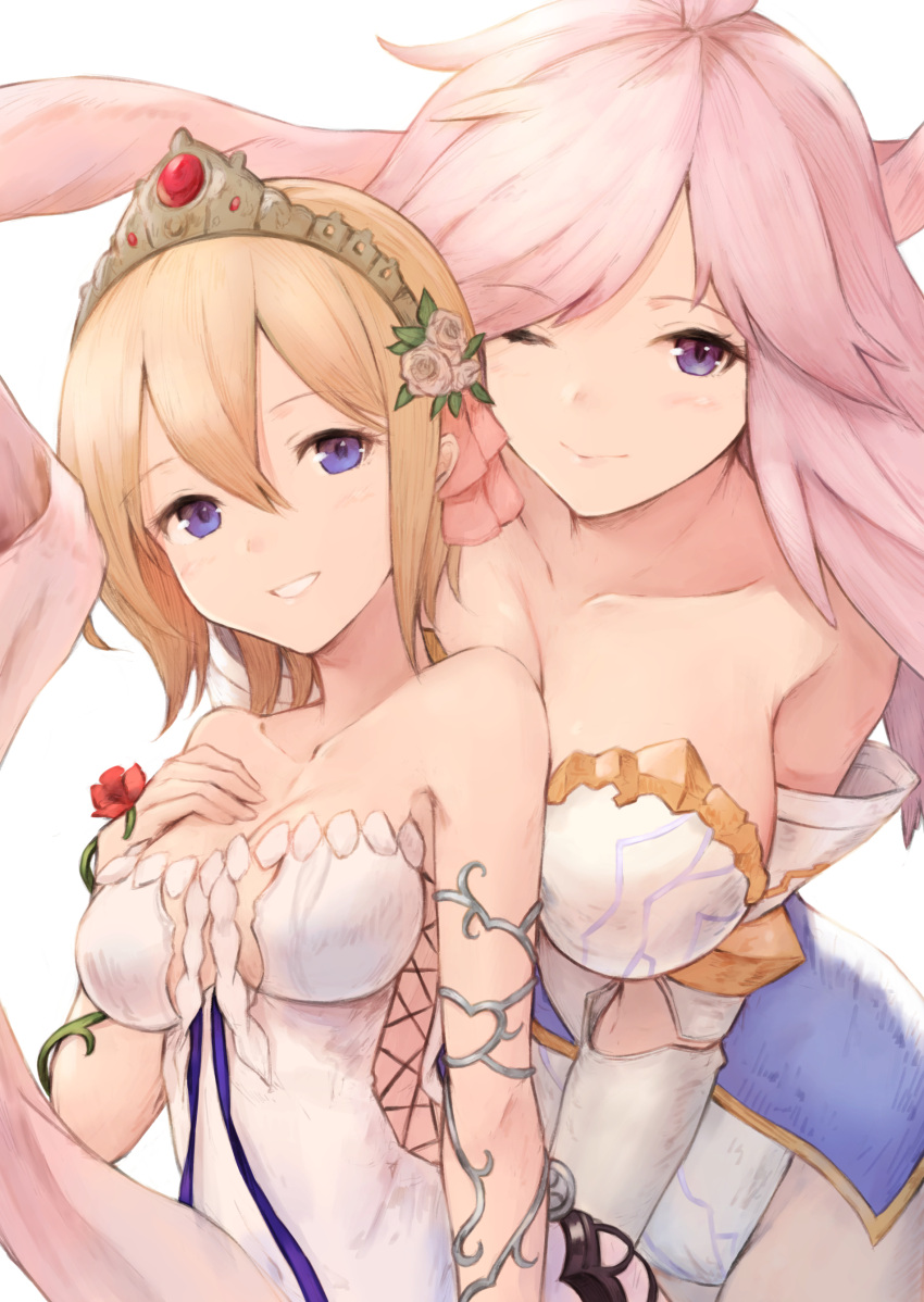 2girls ;) absurdres bare_shoulders blonde_hair blue_eyes breasts cleavage collarbone commentary_request europa_(granblue_fantasy) eyebrows_visible_through_hair flower gabriel_(granblue_fantasy) granblue_fantasy hair_flower hair_ornament highres koretsuki_azuma looking_at_viewer medium_breasts multiple_girls one_eye_closed pink_hair rose short_hair simple_background smile tiara upper_body violet_eyes white_background