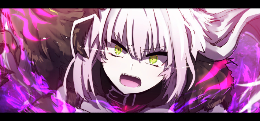 1girl absurdres agrius_metamorphosis atalanta_(alter)_(fate) atalanta_(fate) bangs belt_collar black_collar claws commentary_request eyebrows_visible_through_hair fangs fate/grand_order fate_(series) floating_hair fur_trim green_eyes hair_between_eyes highres letterboxed long_hair looking_at_viewer open_mouth protected_link sidelocks silver_hair slit_pupils solo wada_kazu
