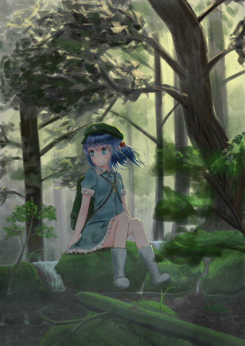 1girl backpack bag bananannu basket blue_dress blue_eyes blue_hair blurry blush boots cucumber day depth_of_field dress expressionless eyebrows_visible_through_hair flat_cap forest frilled_skirt frills hair_between_eyes hair_bobbles hair_ornament hat highres kawashiro_nitori key looking_to_the_side moss nature outdoors rubber_boots short_hair sitting sitting_on_rock skirt sleeves_rolled_up solo stream touhou twintails wind