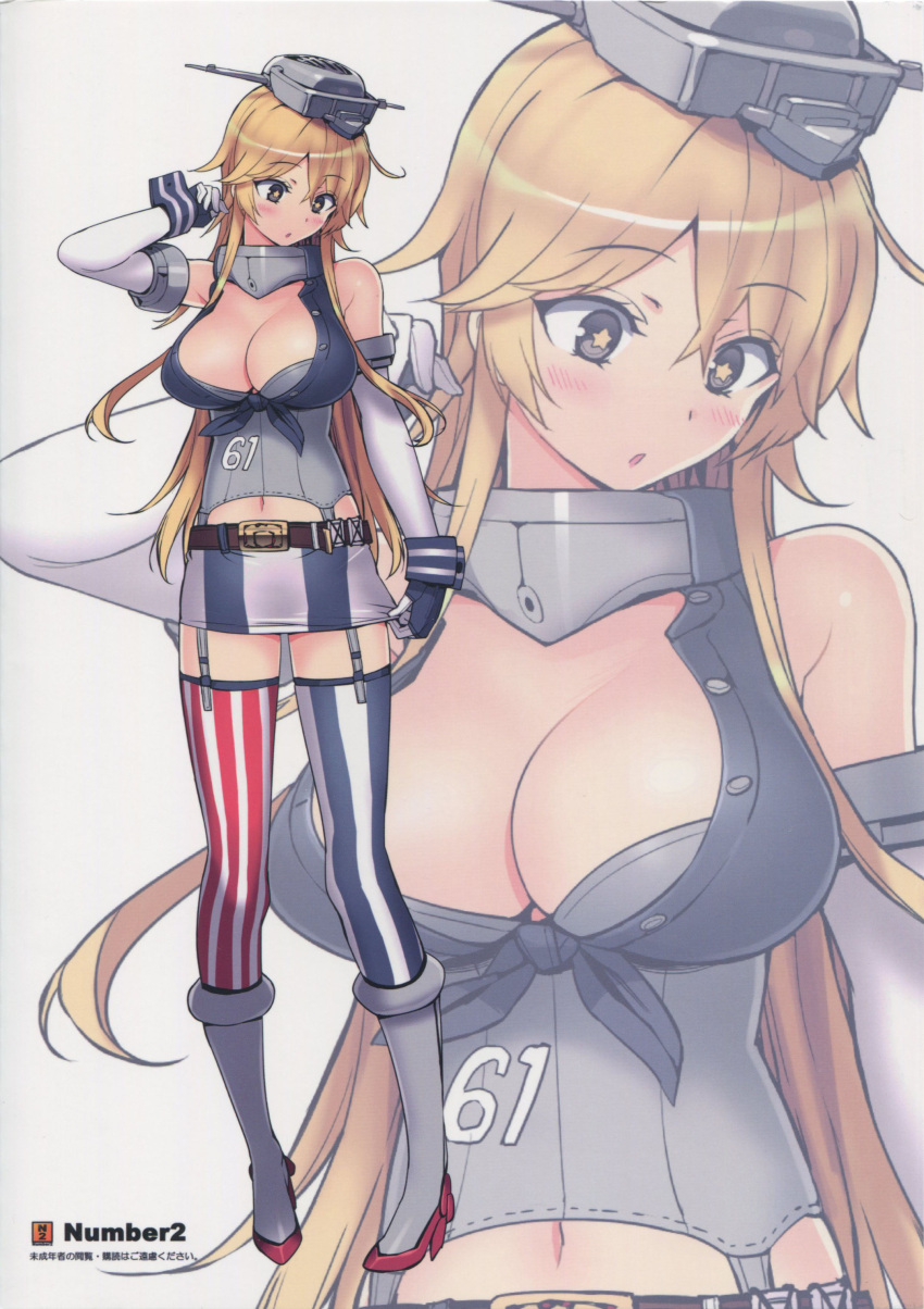 1girl absurdres belt blonde_hair boots breasts cleavage elbow_gloves front-tie_top garter_straps gloves highres iowa_(kantai_collection) kantai_collection large_breasts long_hair miniskirt navel ootomo_takuji skirt skirt_tug star star-shaped_pupils symbol-shaped_pupils thigh-highs wrist_cuffs