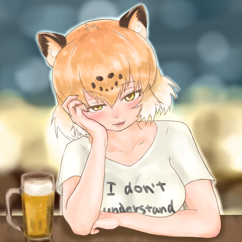1girl absurdres alcohol alternate_costume animal_ears ao244_oekaki arm_rest arm_support bangs bare_arms beer beer_mug blurry blurry_background blush clothes_writing collarbone commentary_request cup drinking_glass english eyebrows_visible_through_hair hair_between_eyes half-closed_eyes hand_on_own_cheek head_rest highres jaguar_(kemono_friends) jaguar_ears kemono_friends light_brown_hair looking_at_viewer multicolored_hair naughty_face shirt short_hair short_sleeves smile solo t-shirt tongue tongue_out two-tone_hair upper_body white_hair white_shirt yellow_eyes
