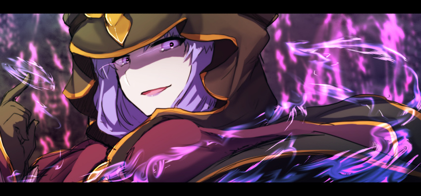 1girl bangs black_cloak black_gloves caster cloak fate/grand_order fate/stay_night fate_(series) gloves glowing glowing_eyes hair_between_eyes hood hood_up index_finger_raised long_hair looking_at_viewer looking_to_the_side open_mouth purple_hair purple_lips solo violet_eyes wada_kazu