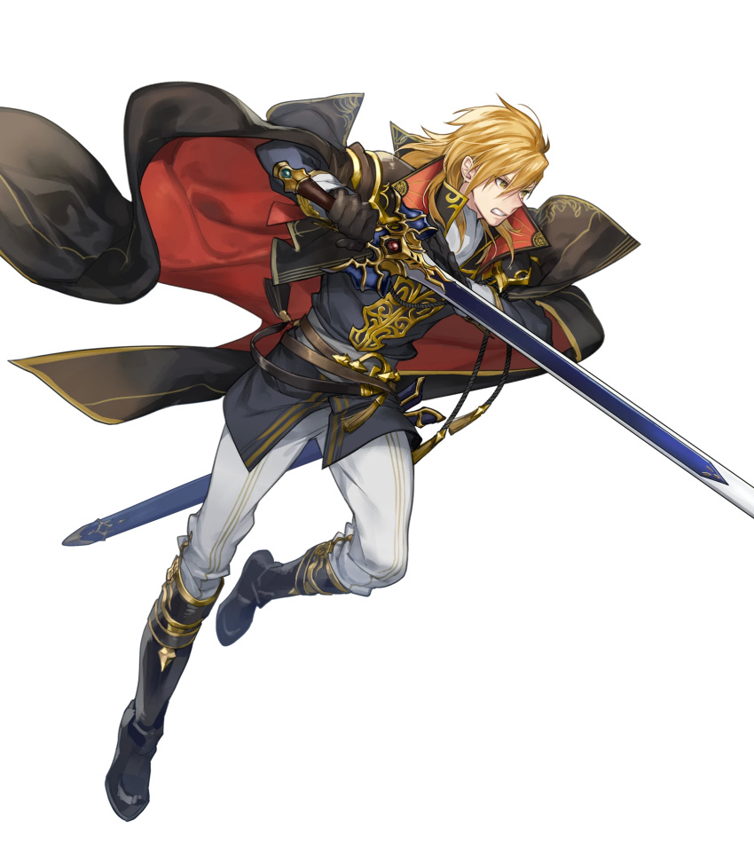 1boy aless_(fire_emblem) angry attack bared_teeth black_cape black_capelet black_coat black_footwear blonde_hair boots cape capelet coat collar cravat fire_emblem fire_emblem:_seisen_no_keifu fire_emblem_heroes highres holding holding_sword holding_weapon lips looking_to_the_side male_focus medium_hair mystletainn official_art p-nekor pants scowl serious sheath shoulder_pads sidelocks solo sword teeth weapon white_pants yellow_eyes