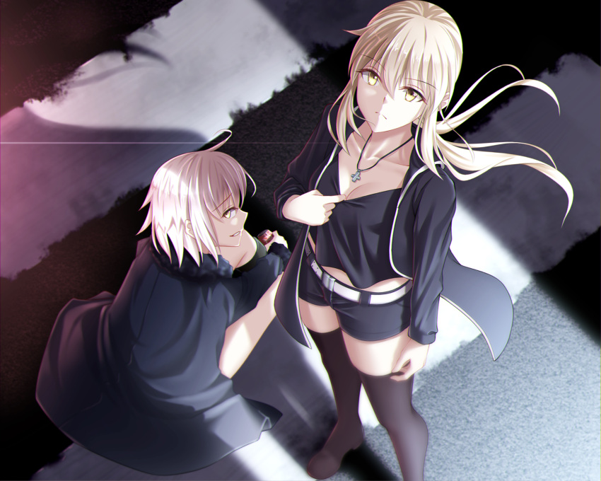 2girls artoria_pendragon_(all) bangs black_jacket black_legwear black_shirt black_shorts blonde_hair breasts cleavage collarbone eyebrows_visible_through_hair fate_(series) floating_hair from_above fur_trim geduan hair_between_eyes highres jacket jeanne_d'arc_(alter)_(fate) jeanne_d'arc_(fate)_(all) jewelry long_hair looking_at_viewer looking_back looking_up multiple_girls necklace open_clothes open_jacket parted_lips saber_alter shirt short_hair short_shorts shorts sitting small_breasts thigh-highs yellow_eyes