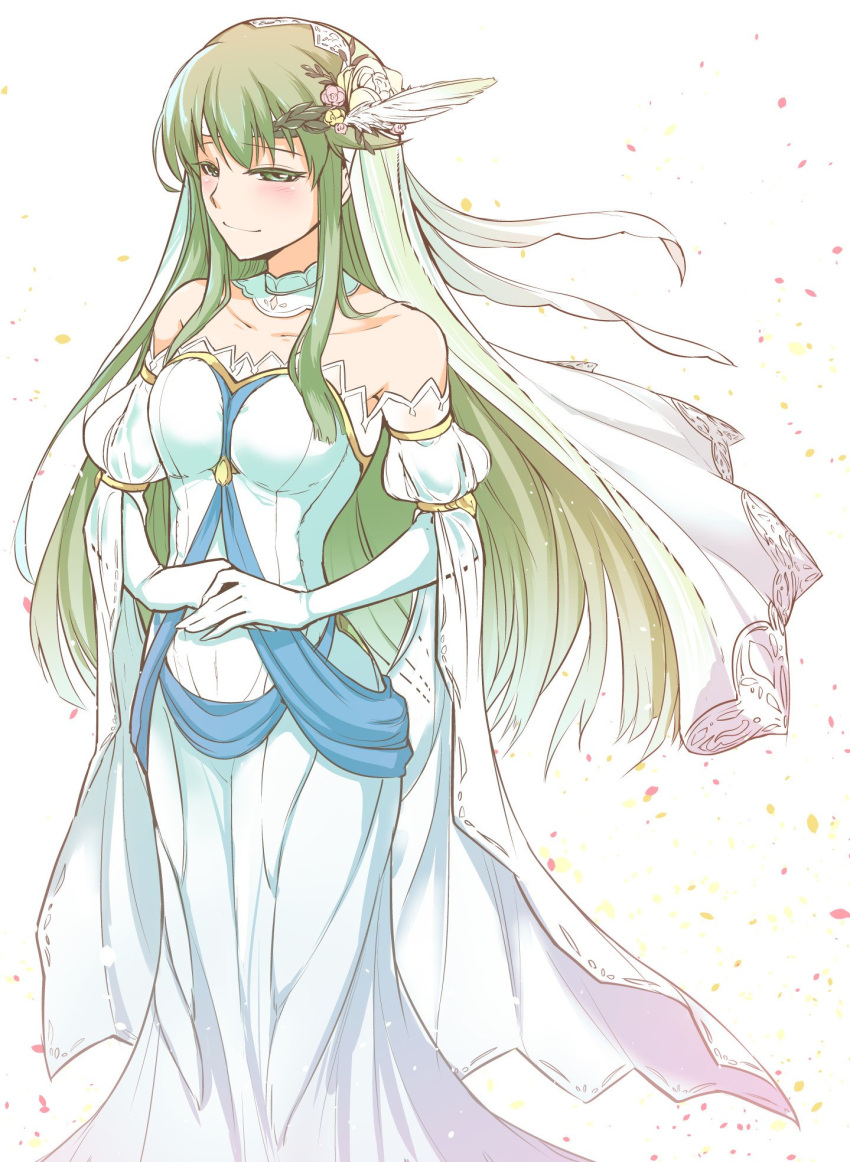 1girl alternate_costume bare_shoulders bouquet bridal_veil bride dress elbow_gloves fire_emblem fire_emblem:_mystery_of_the_emblem flower formal gloves green_eyes green_hair headband highres jewelry long_hair looking_at_viewer nakabayashi_zun necklace paola pegasus_knight smile solo strapless veil wedding_dress white_dress white_gloves