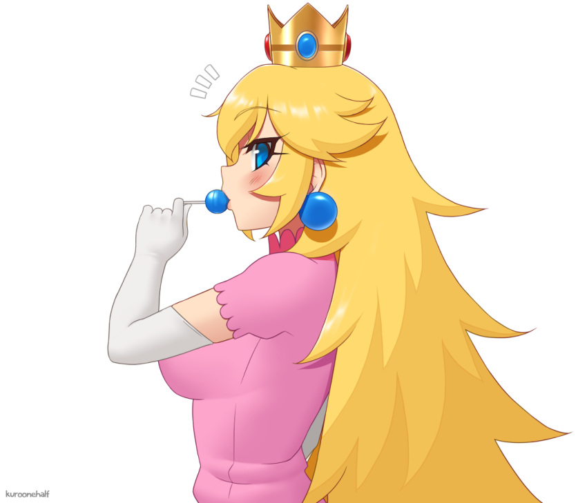 1girl blonde_hair blue_eyes blush breasts commentary_request crown dress earrings elbow_gloves eyebrows_visible_through_hair from_side gloves hand_up jewelry kuroonehalf large_breasts long_hair looking_at_viewer super_mario_bros. notice_lines pink_dress princess_peach profile short_sleeves simple_background solo super_mario_bros. upper_body white_background