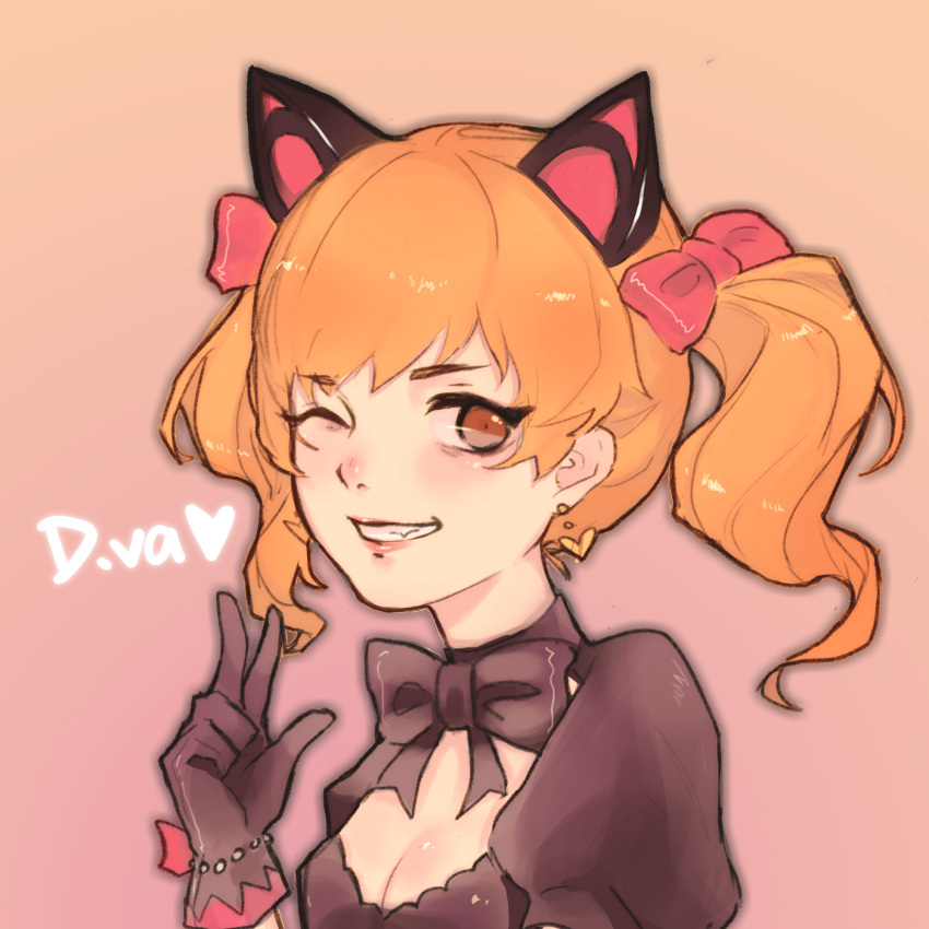 1girl alternate_costume animal_ears black_bow black_cat_d.va black_dress black_gloves blonde_hair bow bowtie breasts brown_eyes cat_ears character_name cleavage d.va_(overwatch) dress earrings gloves godzillaguai grin hair_bow heart heart_earrings highres jewelry lolita_fashion looking_at_viewer one_eye_closed overwatch pink_bow pink_lips puffy_short_sleeves puffy_sleeves short_sleeves simple_background small_breasts smile solo twintails upper_body
