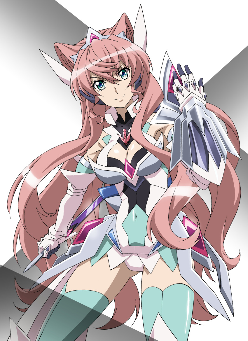 1girl absurdres armpit_peek bare_shoulders blue_eyes blue_legwear breasts cleavage_cutout commentary_request covered_navel elbow_gloves gloves hair_between_eyes headgear highres large_breasts leotard looking_at_viewer maria_cadenzavna_eve miyabi_mt-b senki_zesshou_symphogear smile solo thigh-highs white_gloves