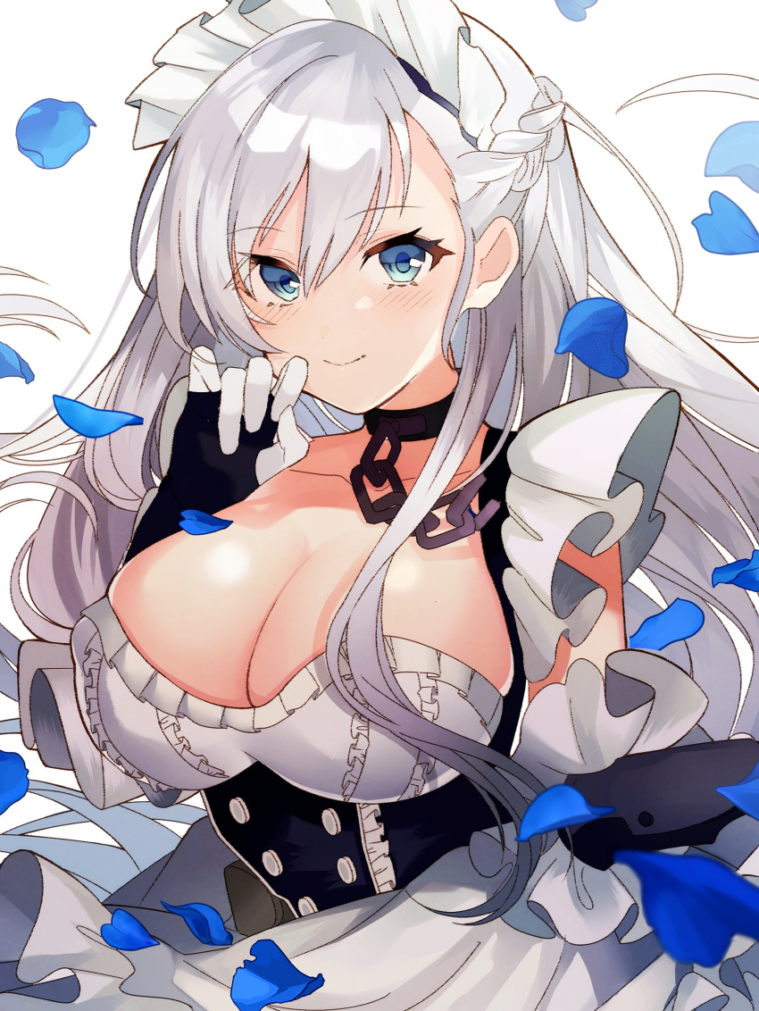 absurdres apron azur_lane bangs belfast_(azur_lane) braid breasts chains cleavage collar collarbone commentary_request corset eyebrows_visible_through_hair falling_petals french_braid frilled_apron frilled_gloves frills gloves highres large_breasts maid maid_apron maid_headdress petals pomu_(pomu_me) silver_hair white_apron white_gloves
