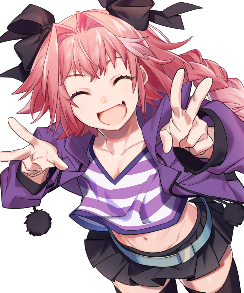 1boy :d ^_^ astolfo_(fate) belt black_legwear black_ribbon black_skirt braid closed_eyes commentary_request double_v fang fate/apocrypha fate_(series) hair_ribbon happy highres jacket long_hair long_sleeves male_focus midriff mihatarou navel open_clothes open_jacket open_mouth otoko_no_ko pink_hair pleated_skirt purple_jacket ribbon shirt simple_background single_braid skirt smile solo striped striped_shirt thigh-highs trap v white_background zettai_ryouiki