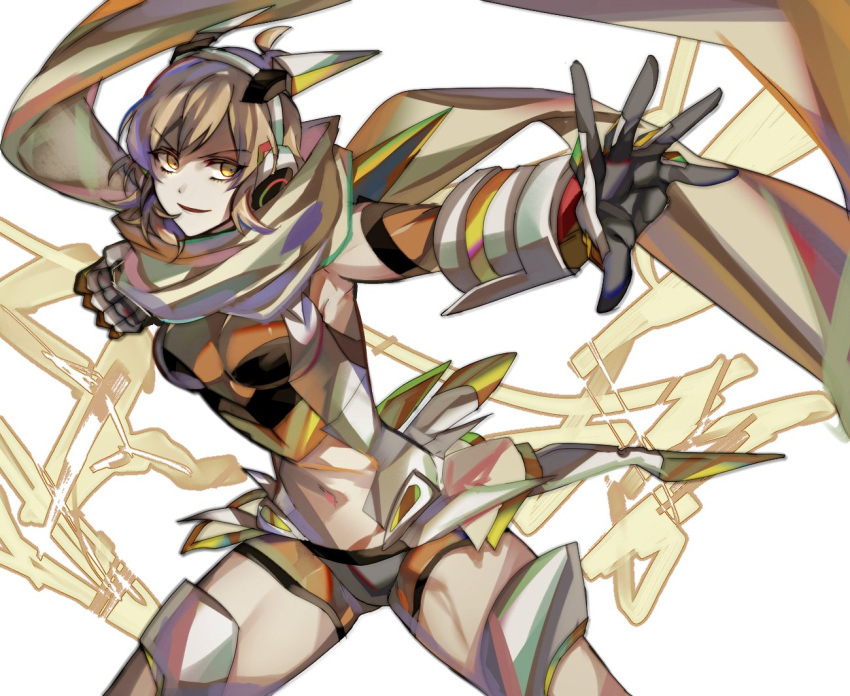 1girl ahoge blonde_hair bodysuit brown_hair clenched_hand elbow_gloves fighting_stance gloves grin headgear headphones looking_at_viewer mechanical_parts navel navel_cutout resyeol scarf senki_zesshou_symphogear short_hair smile solo tachibana_hibiki_(symphogear) white_background yellow_eyes