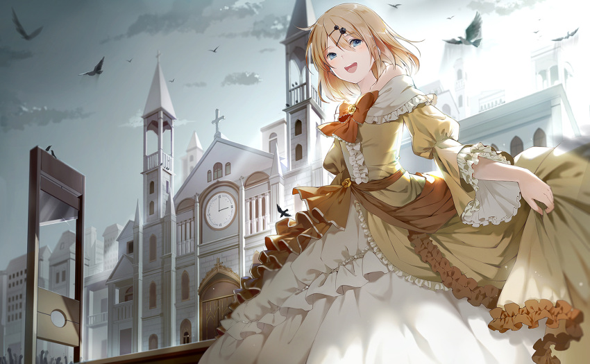 aku_no_meshitsukai_(vocaloid) aku_no_musume_(vocaloid) allen_avadonia androgynous anniversary arm_up bare_shoulders bird bloom blurry blush bow building church clenched_hand clock clock_tower clouds cloudy_sky cross crow crowd depth_of_field dress dress_grab evillious_nendaiki eyebrows_visible_through_hair flower guillotine hair_ornament hairclip highres hmniao kagamine_len kagamine_rin light_rays looking_at_viewer open_mouth puffy_sleeves riliane_lucifen_d'autriche rose short_hair skirt_hold sky smile solo_focus tower vocaloid wide_sleeves yellow_dress