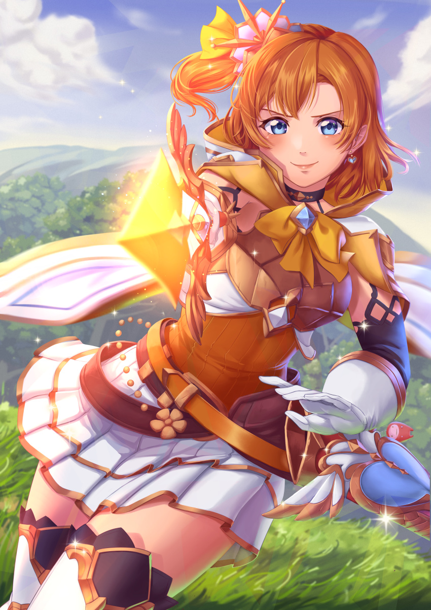1girl absurdres belt blue_eyes breastplate breasts cape clouds cloudy_sky commentary earrings forest gloves granblue_fantasy grasslands hair_ornament highres huge_filesize jewelry kousaka_honoka love_live! love_live!_school_idol_project medium_breasts nature one_side_up orange_hair pointing pointing_at_viewer raemn_(raemn2d) scabbard sheath shiny shiny_hair short_hair skirt sky solo sparkle sword thigh-highs weapon white_gloves white_skirt