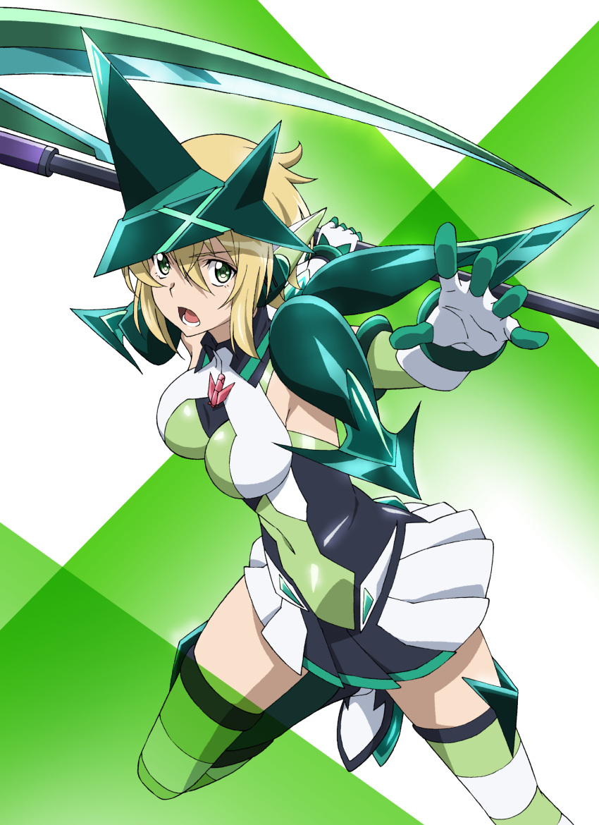 1girl absurdres akatsuki_kirika blonde_hair breasts commentary_request covered_navel elbow_gloves gloves green_legwear hair_between_eyes headgear highres holding holding_scythe holding_weapon leg_up leotard looking_at_viewer medium_breasts miniskirt miyabi_mt-b open_mouth pleated_skirt scythe senki_zesshou_symphogear short_hair sidelocks skin_tight skirt solo striped striped_legwear weapon white_legwear