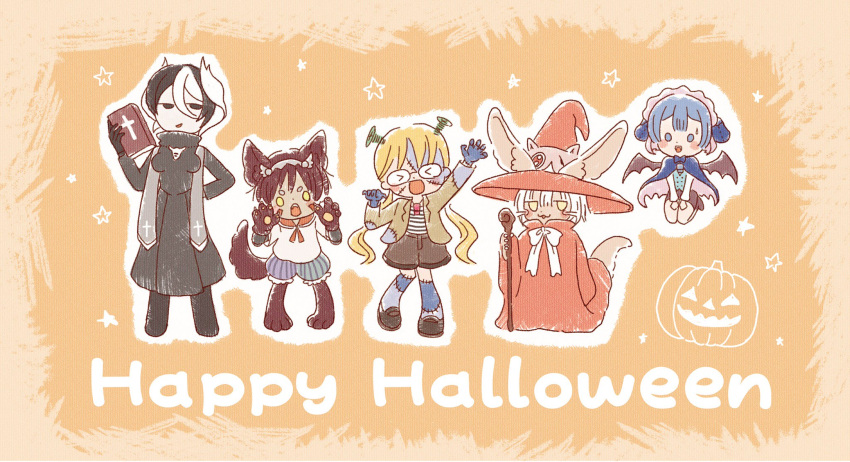 &gt;_&lt; 1other 2boys 2girls :3 :d animal_ears barefoot bible black_pants black_skirt blue_capelet blush book brown_hair capelet ears_through_headwear english facing_viewer flying_sweatdrops glasses hairband halloween halloween_costume hand_on_hip happy_halloween hat highres holding holding_book jack-o'-lantern jacket jitome latin_cross looking_at_viewer made_in_abyss maruruk miya_(miyabio) multicolored_hair multiple_boys multiple_girls nanachi nanachi_(made_in_abyss) open_clothes open_jacket open_mouth outstretched_arms ozen pants pigeon-toed red_robe red_sailor_collar regu_(made_in_abyss) riko_(made_in_abyss) sailor_collar scar scar_across_eye school_uniform serafuku skirt smile staff surgical_scar sweatdrop tail two-tone_hair whistle whistle_around_neck white_hair wings witch_hat wolf_ears wolf_tail yellow_eyes zombie_pose