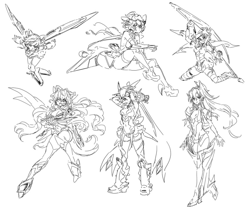 6+girls bodysuit boots character_request hanakuso kazanari_tsubasa long_hair monochrome multiple_girls navel navel_cutout senki_zesshou_symphogear sketch tachibana_hibiki_(symphogear) thigh-highs thigh_boots thighs white_background yukine_chris