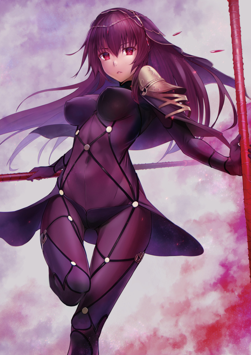 1girl absurdres bodysuit breasts celeryma covered_navel dual_wielding erect_nipples fate/grand_order fate_(series) gae_bolg highres holding holding_weapon impossible_bodysuit impossible_clothes large_breasts long_hair looking_at_viewer one_leg_raised pauldrons polearm purple_bodysuit purple_hair red_eyes scathach_(fate/grand_order) shoulder_armor spear thigh_gap veil weapon