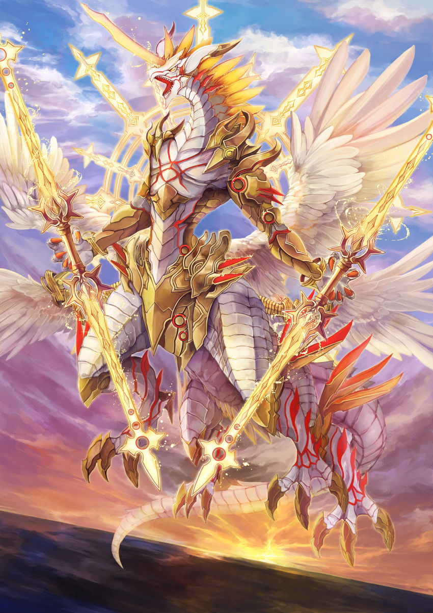 absurdres angel_wings armor blue_sky clouds day dragon fantasy highres holding holding_weapon horn no_humans open_mouth original outdoors sky weapon wings yashiron2011 yellow_eyes