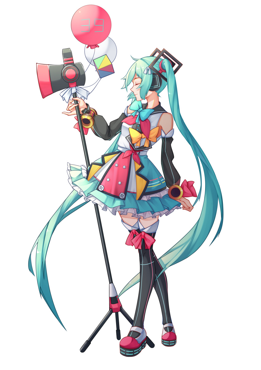 1girl absurdres balloon black_legwear blue_bow blue_hair blue_neckwear bow bowtie closed_eyes detached_sleeves dress floating_hair from_side hair_ornament hatsune_miku headphones highres layered_dress long_hair magical_mirai_(vocaloid) red_bow red_ribbon ribbon short_dress simple_background sleeveless sleeveless_dress solo standing thigh-highs twintails very_long_hair vocaloid white_background yellow_bow zuiai_gongzhu_dianxia