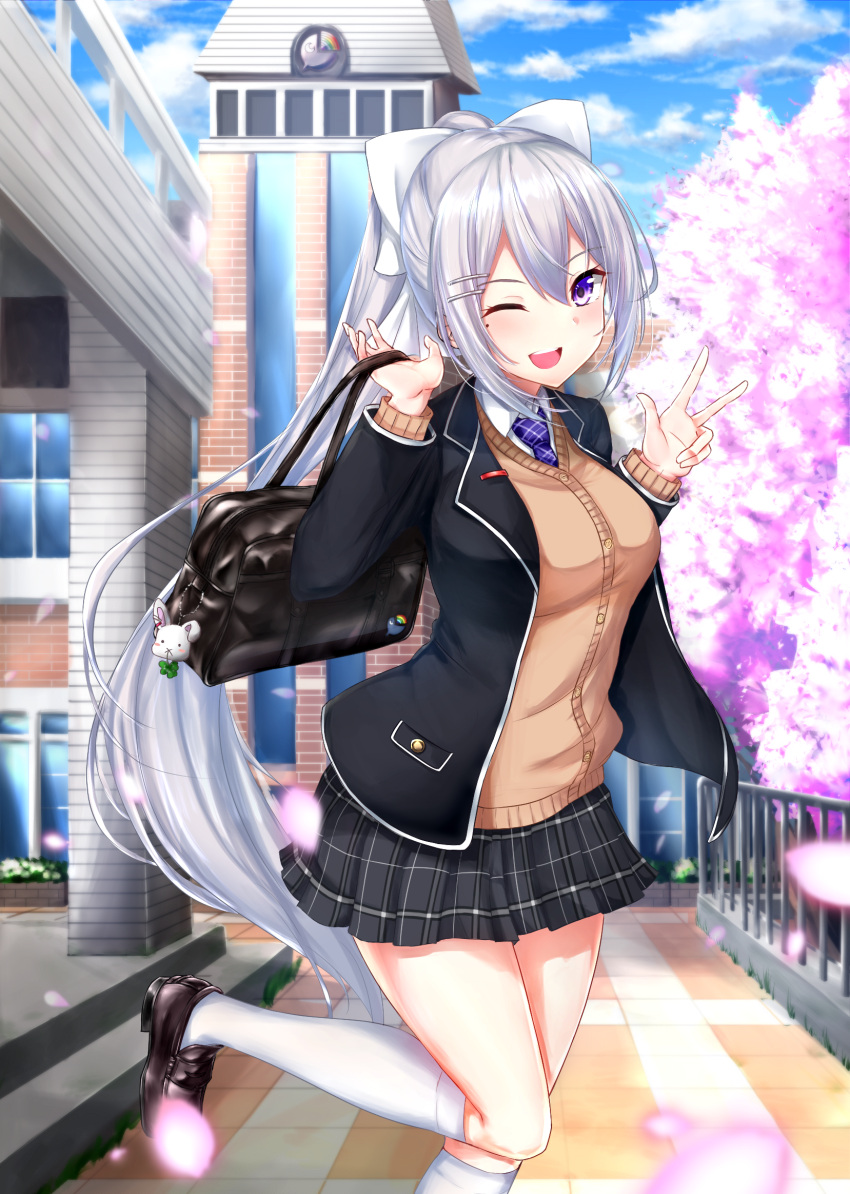 1girl ;d agibe bag black_blazer black_footwear blazer blue_neckwear blue_sky bow brown_sweater cherry_blossoms clouds day floating_hair grey_skirt hair_between_eyes hair_bow highres higuchi_kaede jacket kneehighs loafers long_hair looking_at_viewer miniskirt necktie nijisanji one_eye_closed one_leg_raised open_blazer open_clothes open_jacket open_mouth outdoors pleated_skirt ponytail school_bag school_uniform shoes silver_hair skirt sky smile solo standing standing_on_one_leg sweater uniform very_long_hair violet_eyes virtual_youtuber w white_bow white_legwear