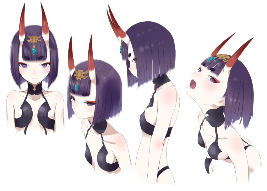 1girl absurdres bangs blunt_bangs breasts cleavage collarbone cropped_torso eyebrows_visible_through_hair facial_mark fate/grand_order fate_(series) hair_ornament head_tilt highres horns laika_(sputnik2nd) looking_at_viewer open_mouth purple_hair short_hair shuten_douji_(fate/grand_order) sideboob simple_background small_breasts upper_body violet_eyes white_background
