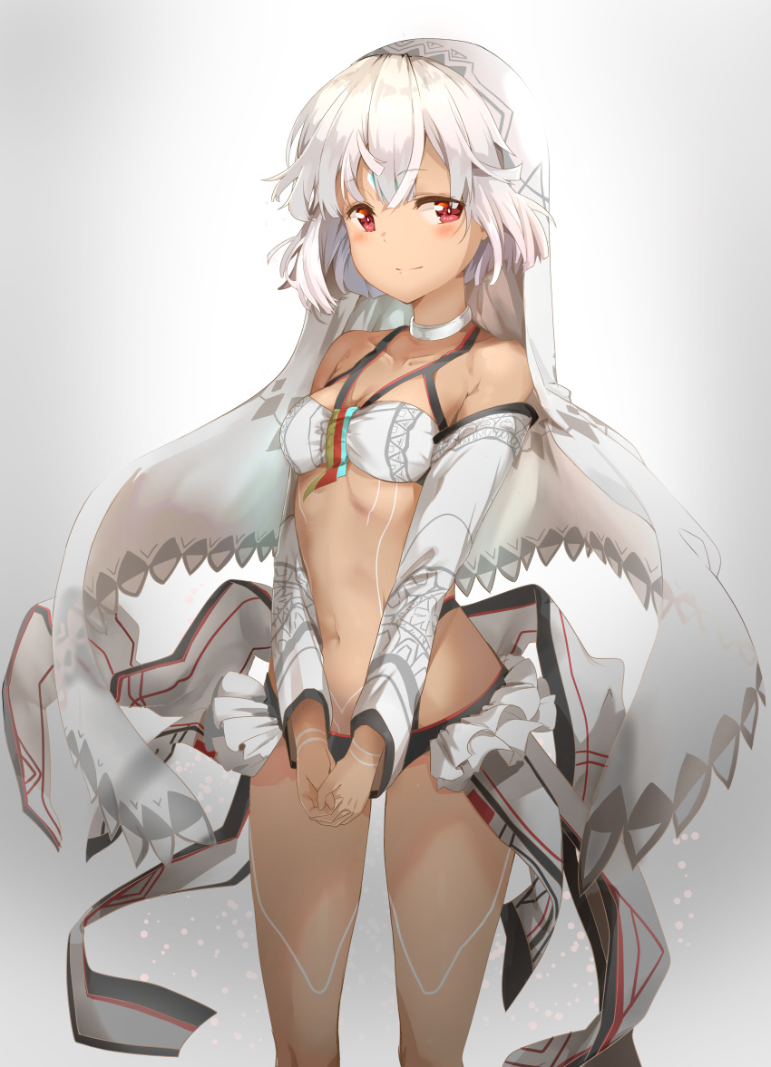 1girl absurdres altera_(fate) bangs black_bikini_bottom breasts choker cleavage collarbone dark_skin detached_sleeves eyebrows_visible_through_hair fate/grand_order fate_(series) grey_background hair_between_eyes highres looking_at_viewer red_eyes short_hair silver_hair small_breasts smile solo standing sunhyun white_bikini_top