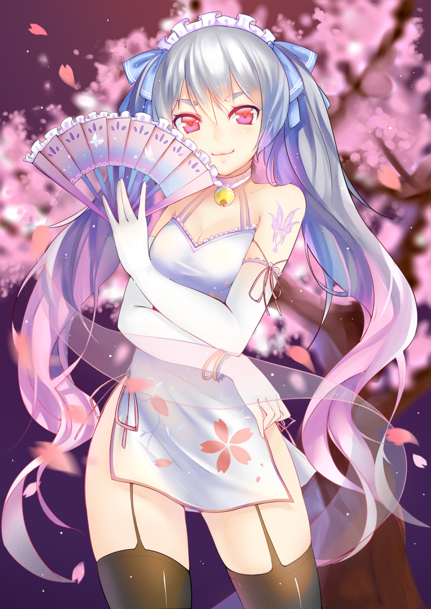 1girl absurdres bangs bell bell_collar black_legwear blue_hair blue_ribbon bracelet cherry_blossoms china_dress chinese_clothes collar dress elbow_gloves eyebrows_visible_through_hair fan floating_hair floral_print garter_straps gloves hair_between_eyes hair_ribbon highres holding holding_fan jewelry long_hair looking_at_viewer maid_headdress mikuni_romance multicolored_hair pink_hair red_eyes ribbon sangoku_romance shiny shiny_clothes sleeveless sleeveless_dress smile solo standing thigh-highs transparent twintails two-tone_hair very_long_hair white_dress white_gloves