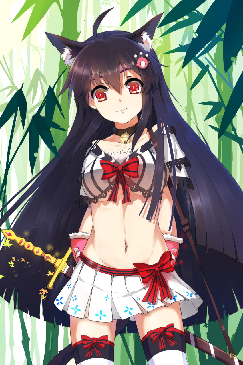 1girl absurdres ahoge animal_ears arms_behind_back bamboo bamboo_forest bangs bell bell_collar black_hair blunt_bangs bow breasts cat_ears cat_tail collar collarbone floating_hair forest groin hair_between_eyes hair_ornament head_tilt highres long_hair looking_at_viewer medium_breasts midriff mikuni_romance miniskirt nature navel outdoors pleated_skirt red_bow red_eyes sangoku_romance sheath sheathed skirt smile solo standing stomach striped striped_bow sword tail thigh-highs under_boob very_long_hair weapon white_skirt zettai_ryouiki