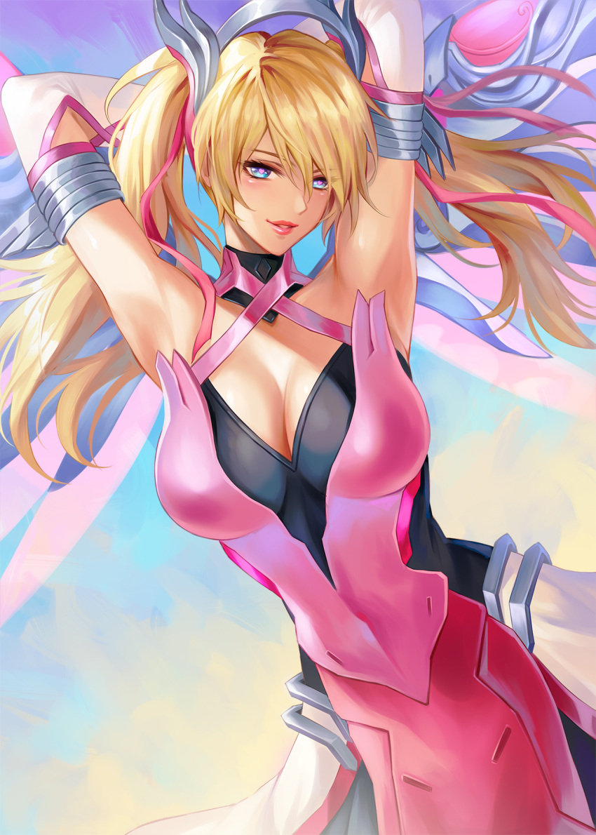 1girl alternate_costume alternate_hairstyle armpits arms_behind_head arms_up bare_shoulders blonde_hair blue_eyes blue_sky breasts cleavage cowboy_shot dress elbow_gloves gloves hair_ribbon heart heart-shaped_pupils highres large_breasts looking_at_viewer mechanical_halo mechanical_wings medium_hair mercy_(overwatch) overwatch parted_lips pengnangehao pink_dress pink_lips pink_mercy pink_ribbon pink_wings ribbon sky smile solo symbol-shaped_pupils twintails wings