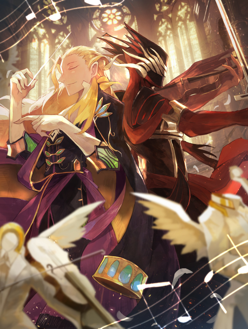 2boys angel antonio_salieri_(fate/grand_order) back-to-back baton_(instrument) black_gloves blonde_hair blurry church closed_eyes closed_mouth conductor depth_of_field fate/grand_order fate_(series) formal gloves highres instrument long_hair long_sleeves male_focus mask mono_(jdaj) multiple_boys musical_note pinstripe_suit smile stained_glass striped suit sword very_long_hair violin weapon wolfgang_amadeus_mozart_(fate/grand_order)