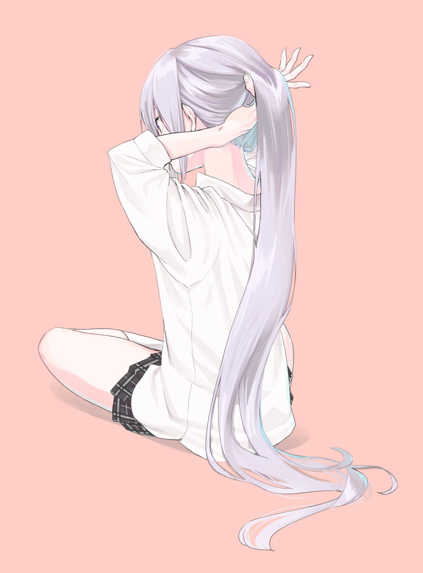 adjusting_hair back highres higuchi_kaede long_hair mitsuya_ryo nijisanji ponytail shirt silver_hair sitting skirt tying_hair virtual_youtuber white_shirt