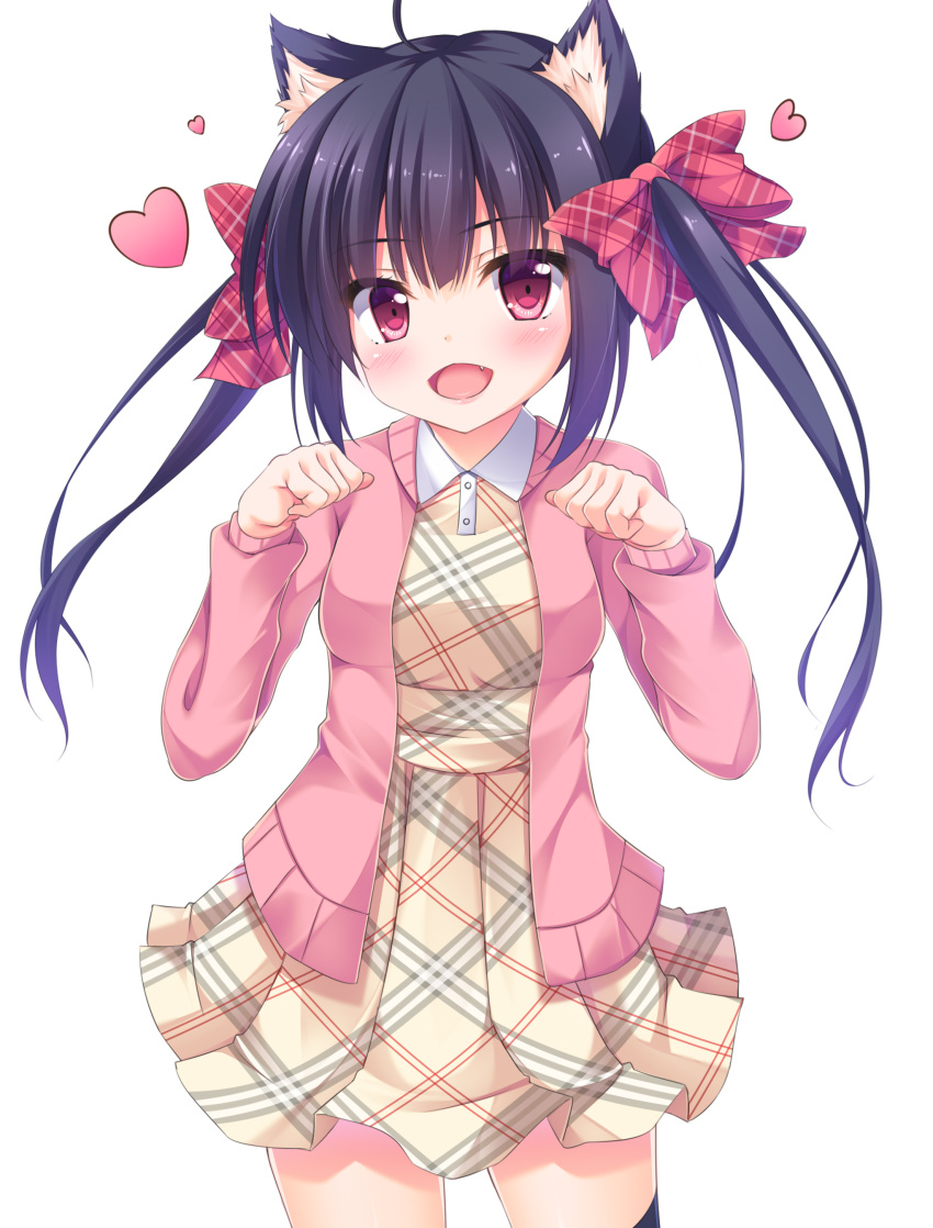 1girl :d absurdres ahoge animal_ears bangs black_hair blue_legwear blunt_bangs blush bow cat_ears cowboy_shot dress eyebrows_visible_through_hair fang floating_hair hair_between_eyes hair_bow heart highres long_hair open_mouth original paw_pose pink_cardigan pleated_dress red_bow red_eyes short_dress simple_background smile solo standing takuma_ss thigh-highs twintails white_background yellow_dress