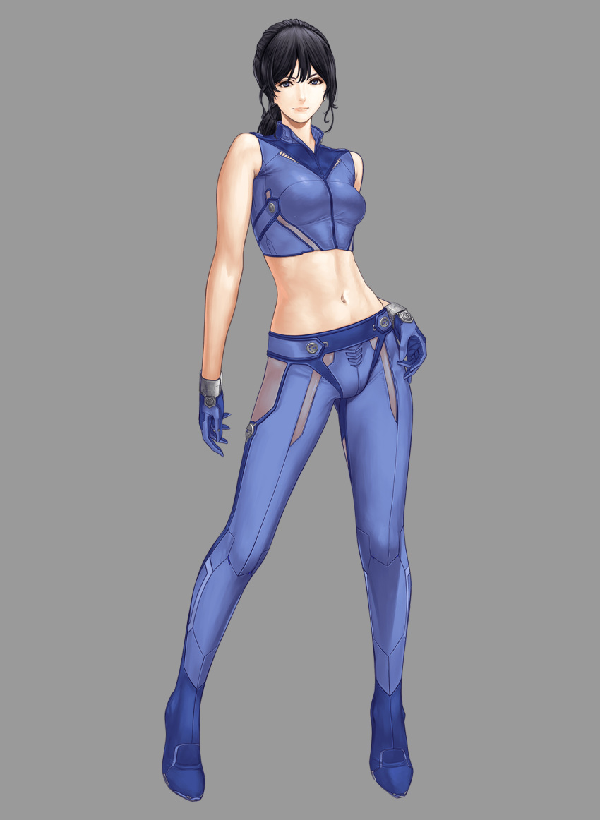 1girl black_hair blue_eyes blue_gloves blue_pants carla_(zoids) crop_top full_body gloves grey_background highres hironox looking_at_viewer midriff navel pants ponytail short_hair simple_background sleeveless solo standing stomach tank_top zoids