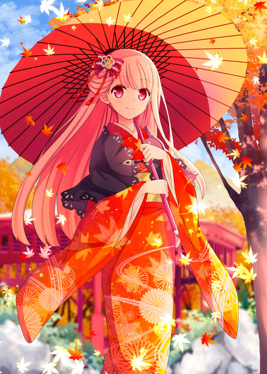 1girl absurdres autumn_leaves bangs blue_sky blunt_bangs brown_hair day eyebrows_visible_through_hair floating_hair goma_(11zihisin) hair_ornament highres holding holding_umbrella japanese_clothes kimono leaf leaf_print long_hair looking_at_viewer maple_leaf orange_kimono orange_umbrella oriental_umbrella original outdoors red_eyes sky smile solo standing tree umbrella very_long_hair yukata