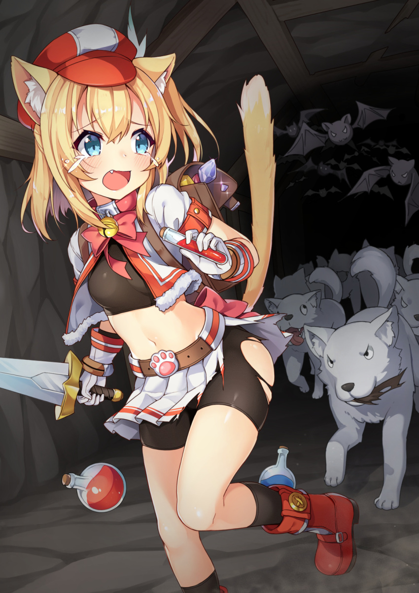1girl 3.14 animal_ears bat bell belt bike_shorts blonde_hair blue_eyes blush boots breasts cat_ears cat_girl cat_tail commentary_request crop_top cropped_jacket dog fang fleeing gloves hat highres holding holding_sword holding_weapon kneehighs looking_back miniskirt navel open_mouth original running scared short_sleeves skirt small_breasts solo sword tail tail_raised tears torn_bike_shorts torn_clothes torn_skirt weapon