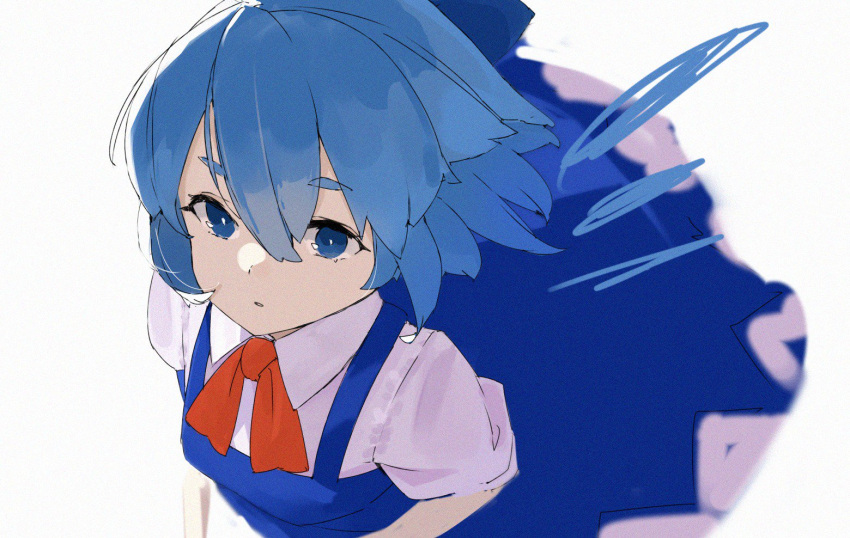 1girl bangs blue_dress blue_eyes blue_hair blue_wings breasts cirno collared_shirt commentary_request dress eyebrows_visible_through_hair fairy_wings from_above hair_between_eyes ice ice_wings kerchief looking_at_viewer pikumin red_neckwear shirt short_hair short_sleeves simple_background small_breasts solo touhou white_background white_shirt wing_collar wings