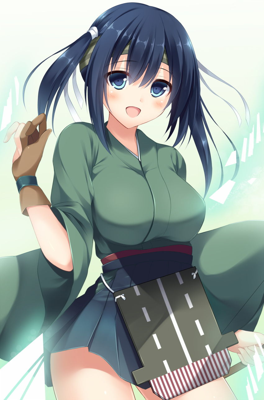 1girl :d bangs blue_eyes blue_hair blue_hakama blunt_bangs blush brown_gloves cowboy_shot eyebrows_visible_through_hair floating_hair gloves green_kimono hair_ornament hakama hakama_skirt headband highres japanese_clothes kantai_collection kimono long_hair looking_at_viewer open_mouth simple_background sketch smile solo souryuu_(kantai_collection) standing tomoo_(tomo) white_background