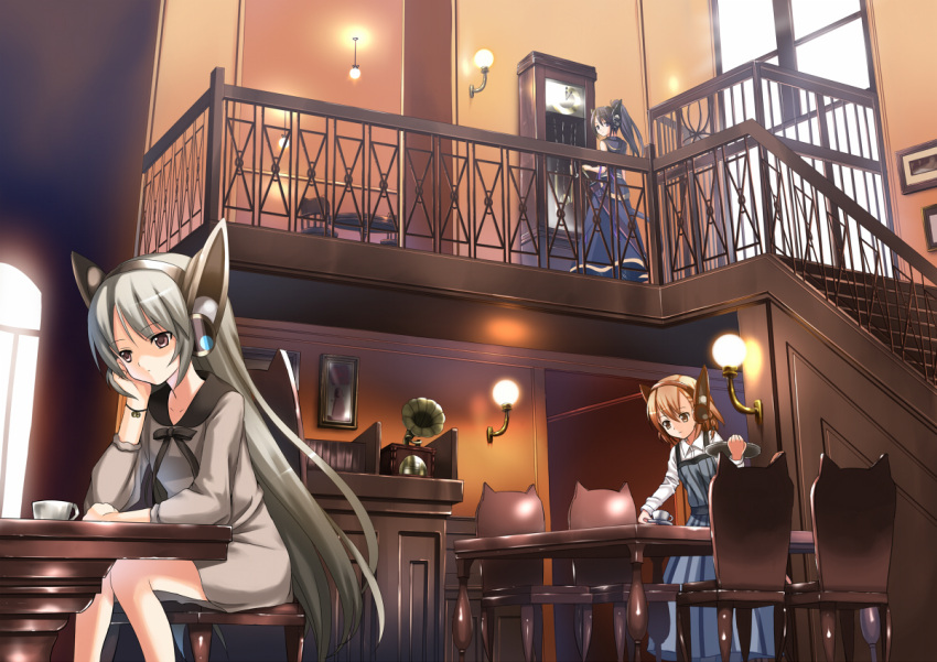 brown_hair cafe chair chin_rest clock cup grandfather_clock koi koi_(koisan) long_hair original phonograph ponytail robot_ears short_hair silver_hair table teacup tray