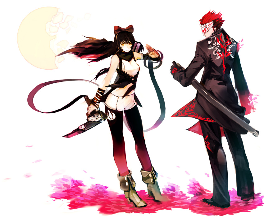 1boy 1girl adam_(rwby) black_hair black_legwear blake_belladonna boots breasts character_request garter_belt garter_straps gloves gun highleg highleg_panties long_hair machine_pistol mask panties ponytail redhead ribbon rwby scarf sheath sheathed so-bin sword thigh-highs underwear weapon yellow_eyes