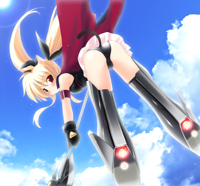 bardiche black_panties blonde_hair blush cat_ears cat_tail fate_testarossa from_behind gloves long_hair looking_back mahou_shoujo_lyrical_nanoha mahou_shoujo_lyrical_nanoha_a's mahou_shoujo_lyrical_nanoha_a's panties red_eyes ribbon sdwing strike_witches striker_unit tail twintails underwear very_long_hair