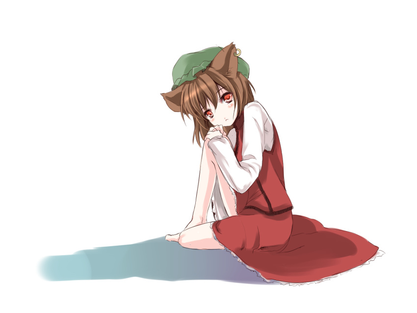 atoshi bad_id barefoot brown_hair cat_ears chen dress earrings highres jewelry red_eyes tail touhou