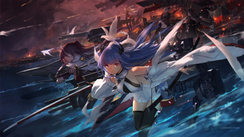 5girls action admiral_hipper_(azur_lane) armor artist_name azur_lane bandage bangs bird black_gloves black_jacket black_legwear black_skirt blonde_hair blue_eyes blue_hair breasts cannon character_request cityscape closed_mouth detached_sleeves eyebrows_visible_through_hair fire gloves hair_between_eyes headgear heterochromia highres holding holding_sword holding_weapon horns ibuki_(azur_lane) iron_cross izumo_(azur_lane) jacket katana large_breasts long_hair long_sleeves looking_at_viewer machinery miniskirt multicolored_hair multiple_girls ocean oni_horns pleated_skirt pointy_ears ponytail purple_hair red_eyes ribbon rigging roon_(azur_lane) short_hair sideboob sidelocks skirt standing standing_on_liquid swd3e2 sword thigh-highs turrets weapon